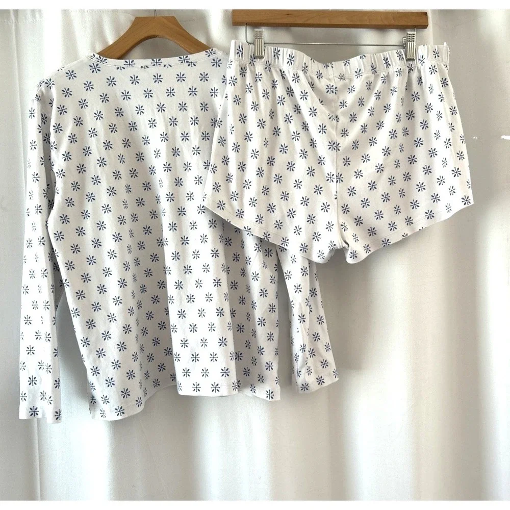 LAKE Pajamas Womens XL Pima Cotton Long-Short Set White Blue Floral Starburst - Picture 2 of 10
